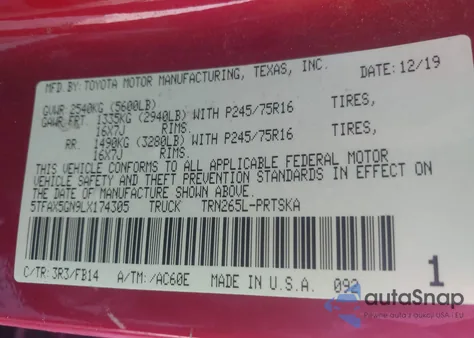 2020 Toyota Tacoma Sr из США, поврежденный, VIN 5TFAX5GN9LX174305